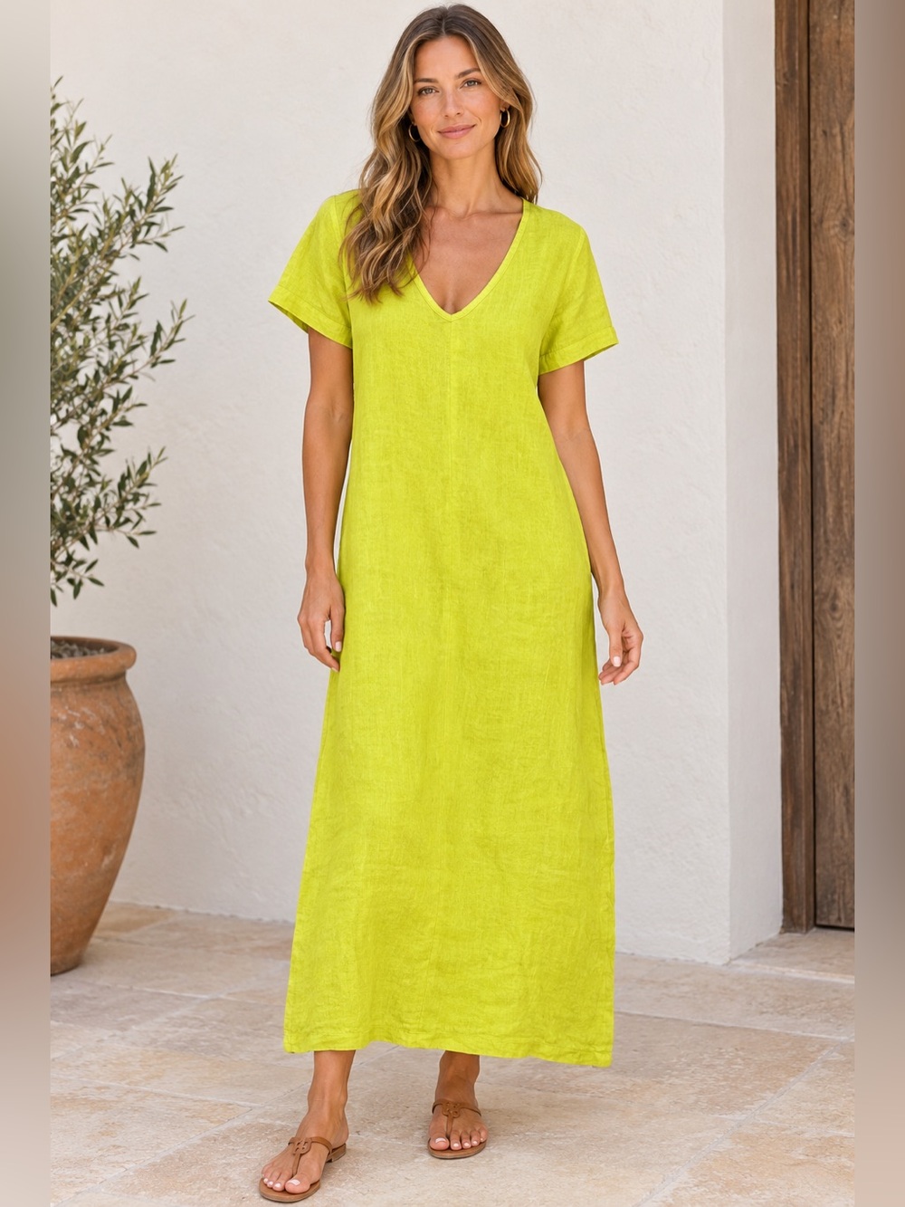 Italian 100% linen Linen V-Neck Maxi Dress in yellow